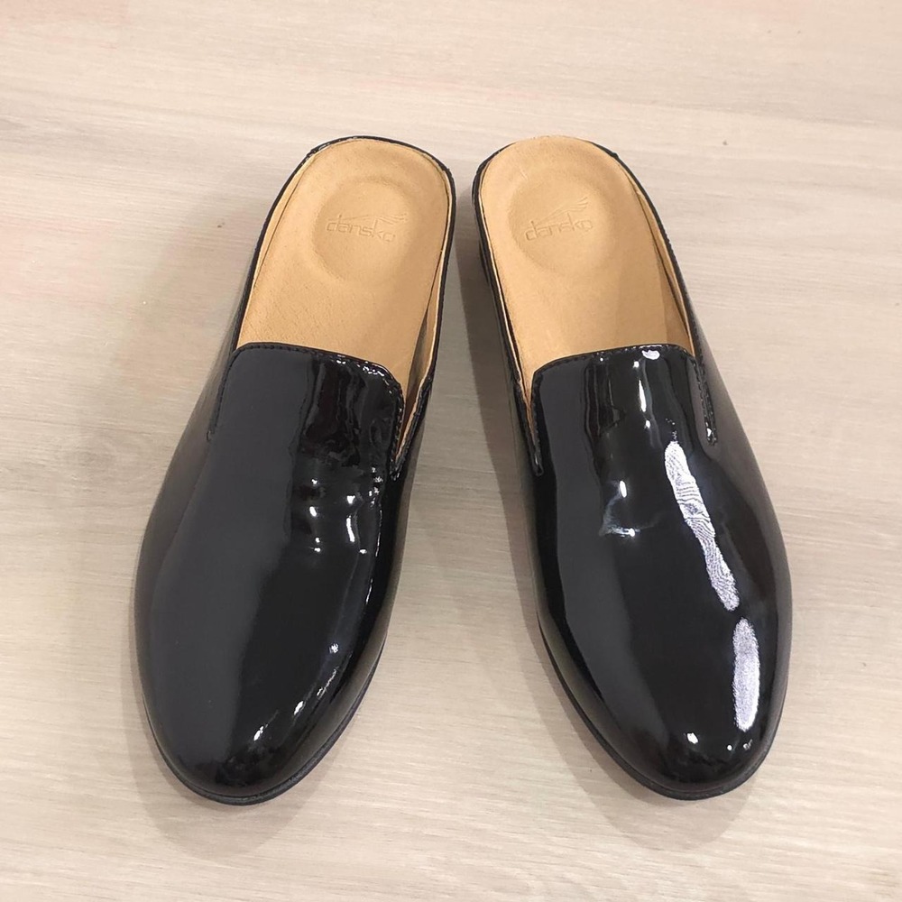 Dansko black patent leather mules